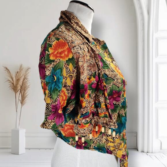 Vintage 90s Carole Little Beaded Floral Rayon Top Mexico Boho Festival Blouse - Picture 4 of 16